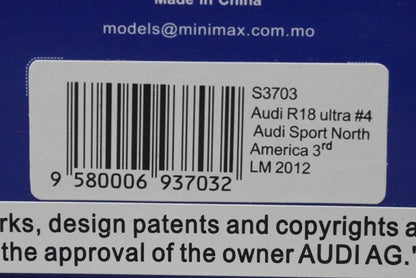 1:43 SPARK S3703 Audi R18 Ultra Sport North American Le Mans 3rd 2012 #4 model car