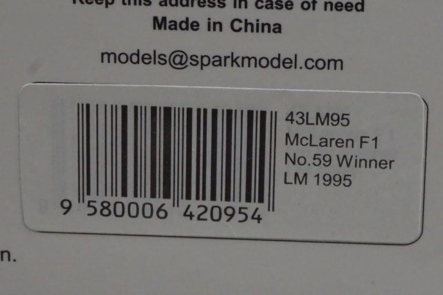 1:43 Spark 43LM95 McLaren F1 Le Mans Winner 1995 #59 model car