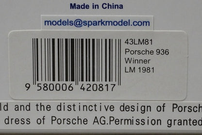 1:43 SPARK 43LM81 Porsche 936 Le Mans 24h Winner 1981 #11 model car