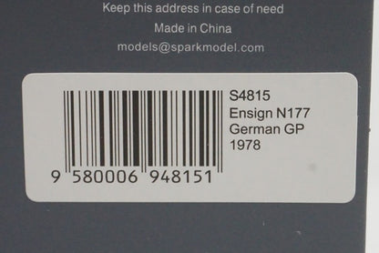 1:43 SPARK S4815 Ensign N177 German GP 1978 #22 N. Piquet model car