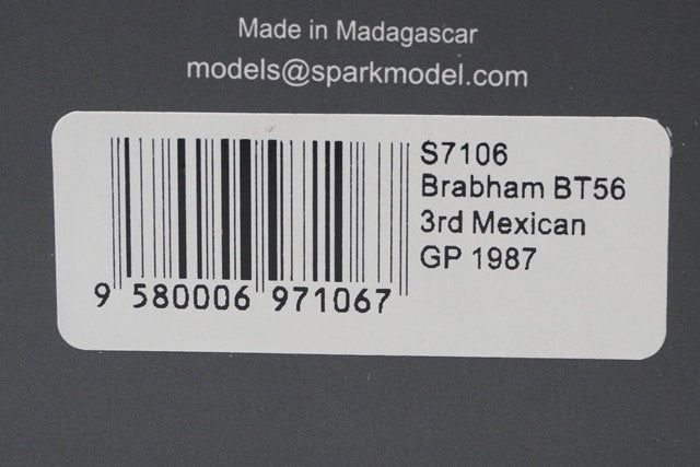 1:43 SPARK S7106 Brabham BT56 Mexico GP 1987 #7 Riccardo Patrese model car