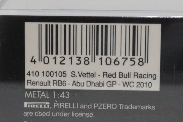 1:43 MINICHAMPS 410100105 Red Bull Racing Renault RB6 Abu Dhabi GP World Champion 2010 #5 Sebastian Vettel model car