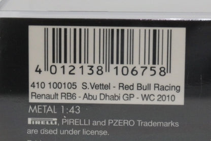 1:43 MINICHAMPS 410100105 Red Bull Racing Renault RB6 Abu Dhabi GP World Champion 2010 #5 Sebastian Vettel model car