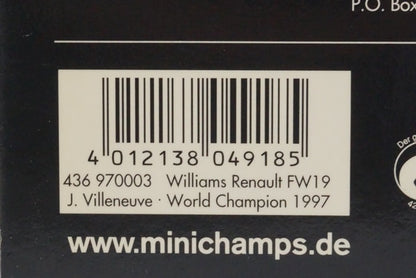 1:43 MINICHAMPS 436970003 Williams Renault FW19 World Champion J.Villeneuve 1997 #3 Rothmans model car
