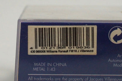1:43 MINICHAMPS 430960006 Williams Renault FW18 1996 #6 J.Villeneuve
