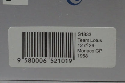 1:43 SPARK S1833 Team Lotus 12 Monaco GP 1958 #26 G. Hill model car