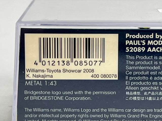 1:43 MINICHAMPS 400080078 Williams Toyota Show Car 2008 Kazuki Nakajima #8