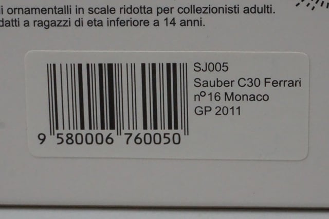 1:43 SPARK SJ005 Sauber C30 Ferrari Monaco GP 2011 #16 model car