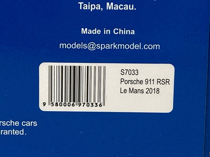 1:43 SPARK S7033 Porsche 911 RSR #92 Winner LMGTE Pro class 24h Le Mans 2018