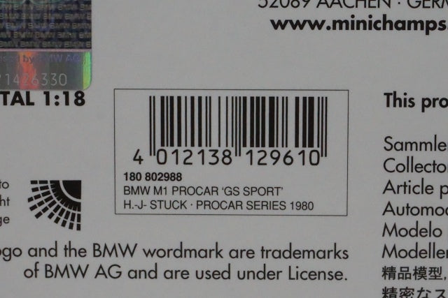 1:18 MINICHAMPS 180802988 BMW M1 PROCAR "GS SPORT" H.-J-STUCK Procar Series 1980 #80