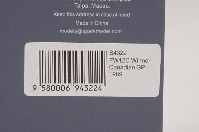 1:43 SPARK S4322 Williams FW12C T.Bootzen Canada GP Winner #5