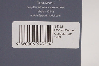 1:43 SPARK S4322 Williams FW12C T.Bootzen Canada GP Winner #5