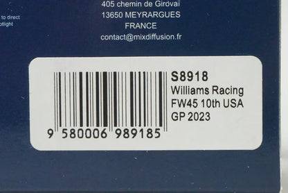 1:43 Spark S8918 Williams Racing FW45 United States GP 10th 2023 #2 L. Sargent