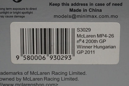 1:43 Spark S3029 McLaren MP4-26 200th GP Hungarian GP 2011 #4 model car