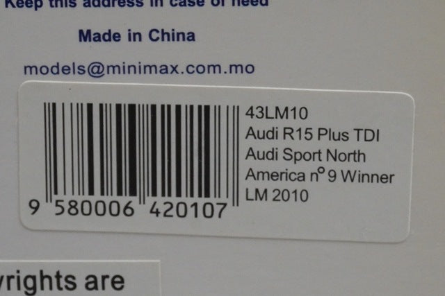 1:43 SPARK 43LM10 Audi R15 Plus TDI Sport North American Le Mans 2010 #9 model car