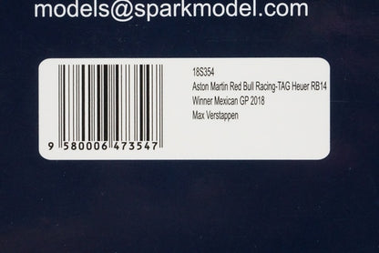 1:18 SPARK 18S354 Aston Martin Red Bull RB14 TAG Heuer F1 Mexican GP 2018 Winner M.Verstappen #33