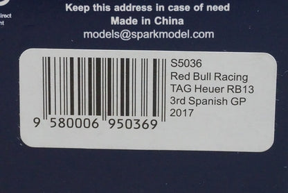 1:43 SPARK S5036 Red Bull Racing TAG Heuer RB13 Spanish GP 3rd 2017 #3 D. Ricciardo model car