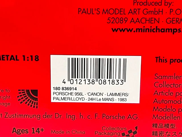 1:18 MINICHAMPS 180836914 Porsche 956L “Canon” Le Mans 24H 1983 #14