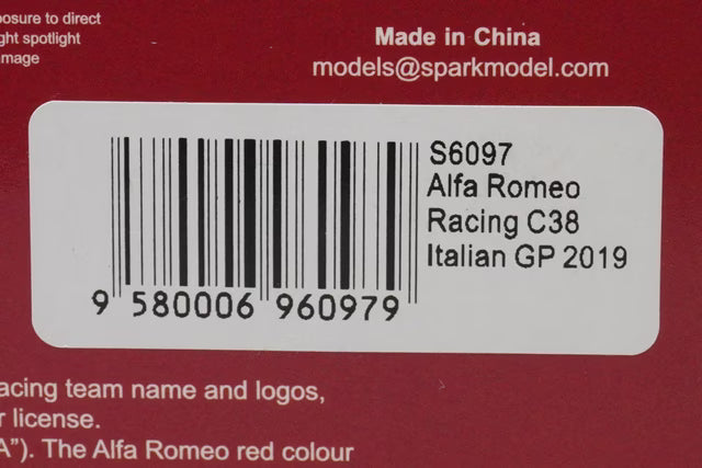 1:43 Spark S6097 Alfa Romeo Racing C38 #7 K. Raikkonen, Italian GP 2019