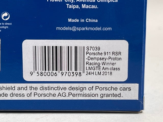 1:43 Spark S7039 Porsche 911 RSR Dempsey Proton Racing LMGTE Am class Le Mans 24 Hours Winner 2018 #77