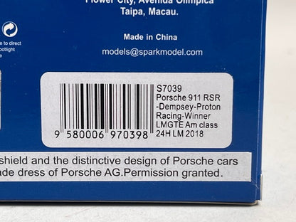 1:43 Spark S7039 Porsche 911 RSR Dempsey Proton Racing LMGTE Am class Le Mans 24 Hours Winner 2018 #77