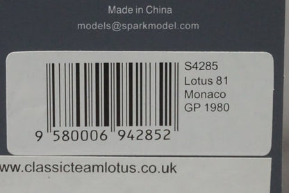 1:43 Spark S4285 Lotus 81 Monaco GP 1980 #11 M. Andretti model car