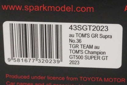 1:43 SPARK 43SGT2023 Toyota au TOM'S GR Supra TGR GT500 Super GT 2023 #36 Champion board included model car