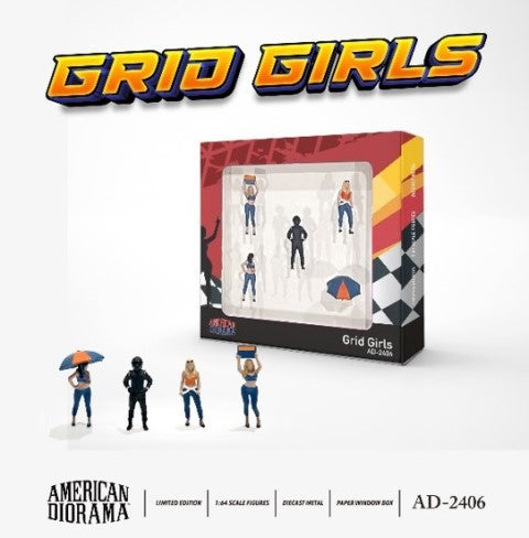 AD-2406 American Diorama 1:64 Figures Grid Girls Set of 4 (Does not include miniature cars)