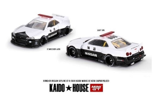 KHMG120 TSM MINI-GT 1:64 Nissan Skyline GT-R R34 Kaido Works V2 Aero Police car Right-hand drive