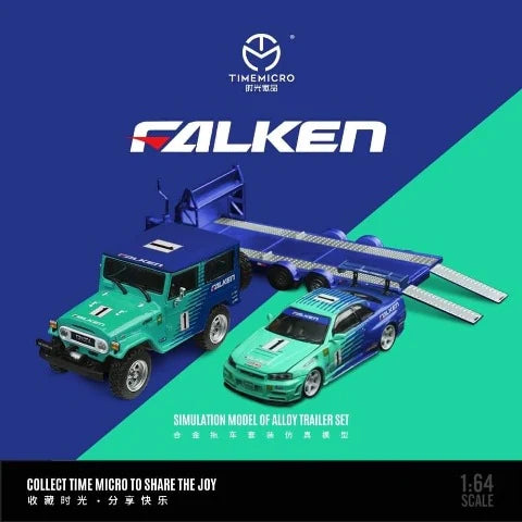 [ Pre-order ] TM645204-T TimeMicro 1:64 Toyota Nissan GTR34 / Land Cruiser FJ40 Falken Trailer Set