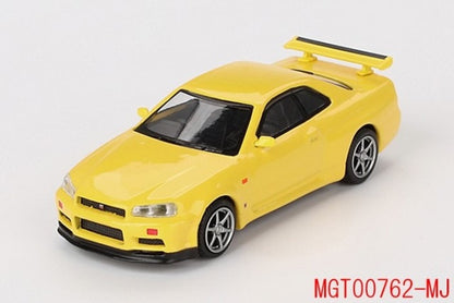 MGT00762-MJ TSM MINI-GT x Mijo 1:64 Nissan Skyline GT-R R34 V-Spec Lighting Yellow (Right-Hand Drive) *Blister pack version