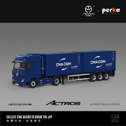 TM646725 TimeMicro & Perka 1:64 Benz Actros Container Truck Trailer Blue CMA CGM