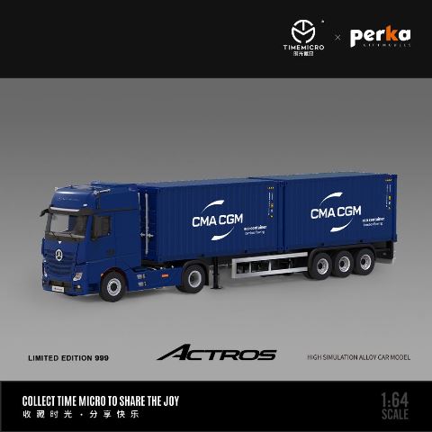 TM646725 TimeMicro & Perka 1:64 Benz Actros Container Truck Trailer Blue CMA CGM