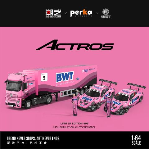 MD646729-T ModernArt & YONDA BWT 1:64 Mercedes-Benz Truck Transporter Set with Porsche 911 GT3 CUP 992 #5 and #7 Figures