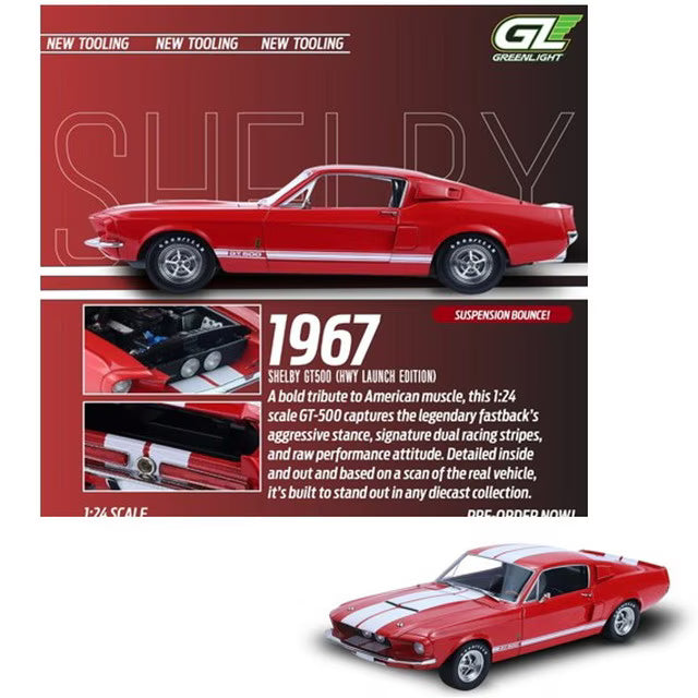 [ Pre-order ] HWY-12400 Highway61 1:24 1967 Shelby GT500 - Candy Apple Red with White Stripes (New Tooling)