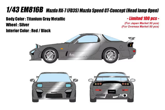 [ Pre-order ] EM816B Make Up EIDOLON 1:43 Mazda RX-7 (FD3S) Mazdaspeed GT Concept with Open Headlights in Titanium Gray Metallic
