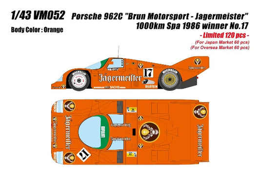 [ Pre-order ] VM052 Make Up VISION 1:43 Porsche 962C "Brun Motorsport - Jagermeister" 1000km Spa 1986 Winner No.17
