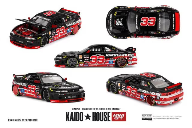 [ Pre-order ] KHMG276 TSM MINI-GT x KAIDO HOUSE 1:64 Nissan Skyline GT-R R33 Black Kaido Cat (Right-hand drive)