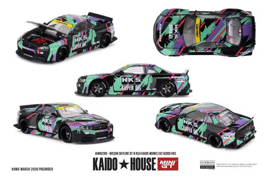 [ Pre-order ] KHMG280 TSM MINI-GT x KAIDO HOUSE 1:64 Nissan Skyline GT-R R34 Kaido Works (V2 Aero) HKS (Right-hand drive)