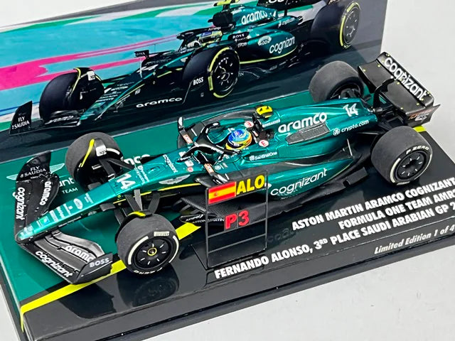 1:43 MINICHAMPS 447230214 Paddock Custom Aston Martin Aramco Cognizant F1 Team AMR23 3rd Place Saudi Arabian GP 2023 #14 F. Alonso