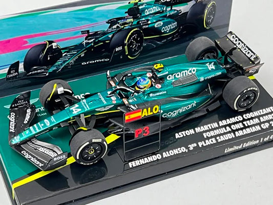 1:43 MINICHAMPS 447230214 Paddock Custom Aston Martin Aramco Cognizant F1 Team AMR23 3rd Place Saudi Arabian GP 2023 #14 F. Alonso