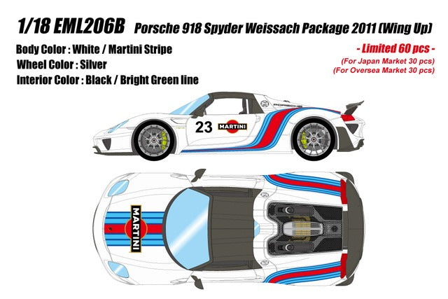 [ Pre-order ] EML206B Make Up EIDOLON 1:18 Porsche 918 Spyder Weissach Package 2011 (Wing Up) White/Martini Stripe #23