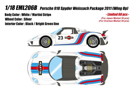 [ Pre-order ] EML206B Make Up EIDOLON 1:18 Porsche 918 Spyder Weissach Package 2011 (Wing Up) White/Martini Stripe #23