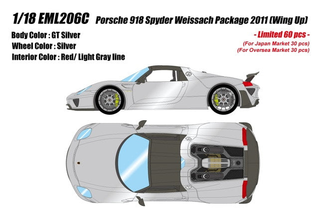 [ Pre-order ] EML206C Make Up EIDOLON 1:18 Porsche 918 Spyder Weissach Package 2011 (Wing Up) GT Silver