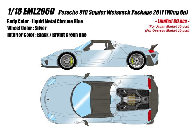 [ Pre-order ] EML206D Make Up EIDOLON 1:18 Porsche 918 Spyder Weissach Package 2011 (Wing Up) Liquid Metal Chrome Blue