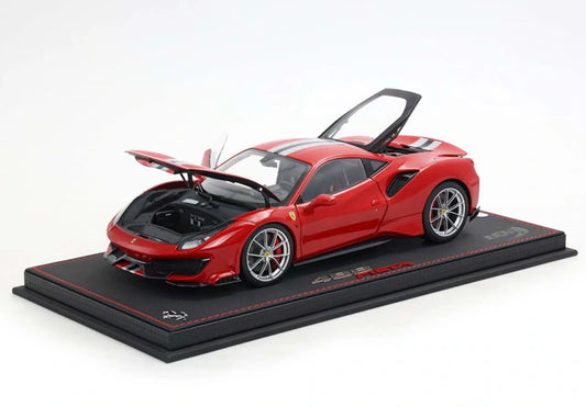 [ Pre-order ] HE180055DIE BBR 1:18 Ferrari 488 Pista (Full-Opening) – Rosso Corsa with Argento Nurburgring & Blu America Stripes – LUXURY PACK (Includes clear display case)