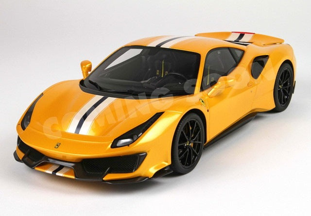 [ Pre-order ] HE180055D BBR 1:18 Ferrari 488 Pista (Full-Opening) Giallo Tristrato with Silver/Blue Stripes – Polyfoam Packaging