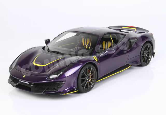 [ Pre-order ] HE180055VIODIE BBR 1:18 Ferrari 488 Pista (Full-Opening) – Violet (Hong Kong Edition) with Yellow Accents – LUXURY PACK – Base and Case Included