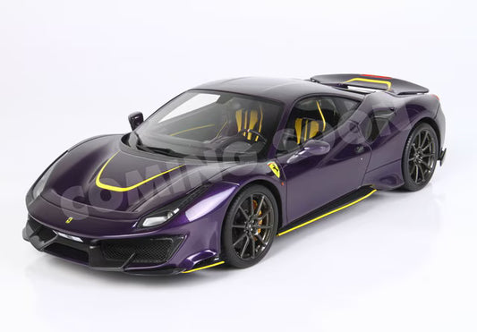 [ Pre-order ] HE180055VIODIE BBR 1:18 Ferrari 488 Pista (Full-Opening) – Violet (Hong Kong Edition) with Yellow Accents – LUXURY PACK – Base and Case Included