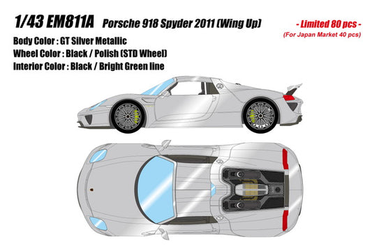 [ Pre-order ] EM811A Make Up EIDOLON 1:43 Porsche 918 Spyder (2011) - Rear Wing Up - GT Silver Metallic